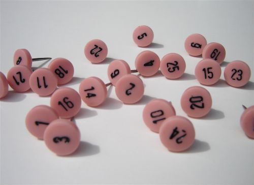 From http://www.etsy.com/listing/50118250/25-numbered-push-pins-pink-with-black